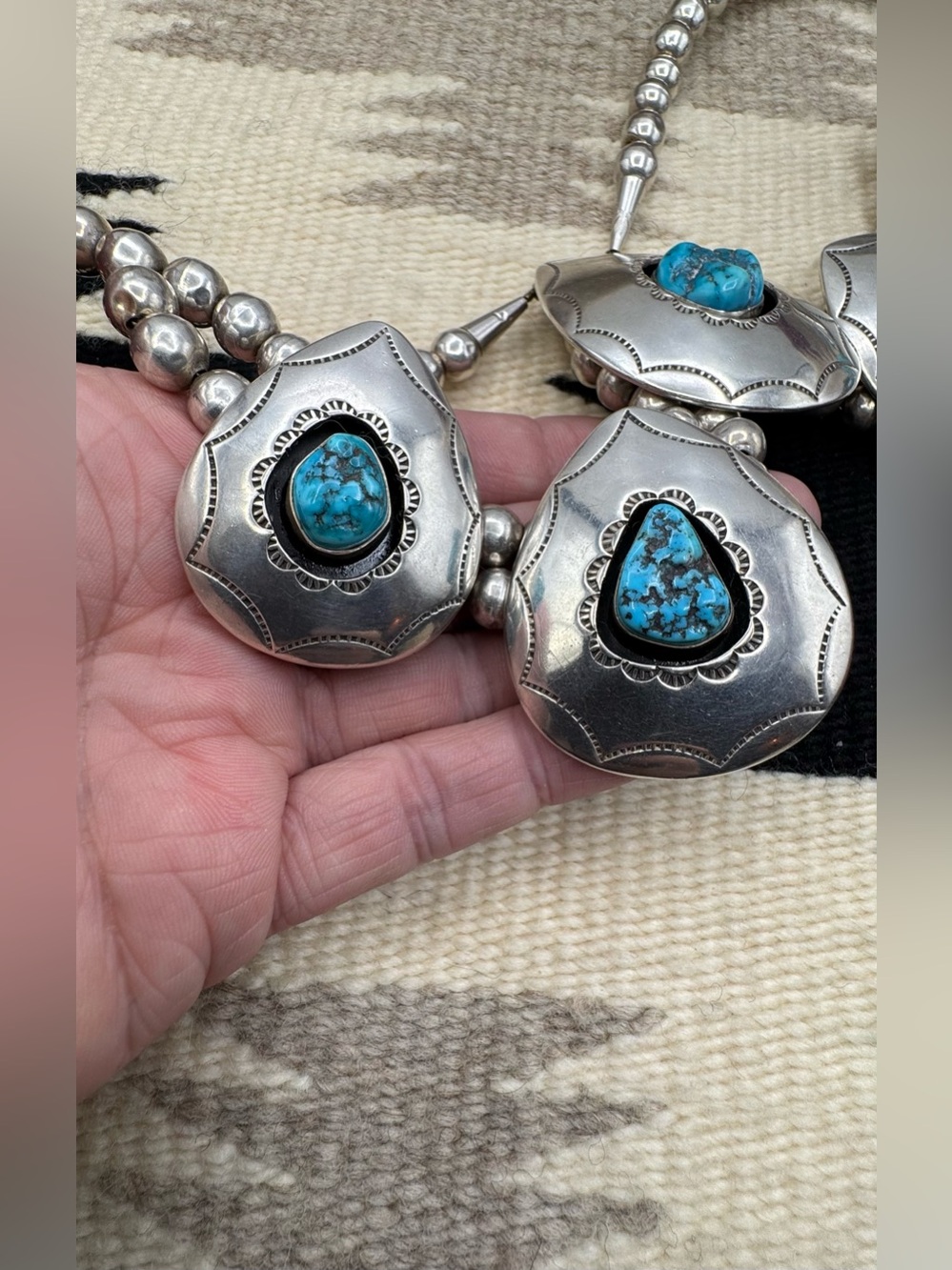 Navajo Native American Sterling Silver Natural Turquoise Beaded Bib Necklace - Picture 6 of 10